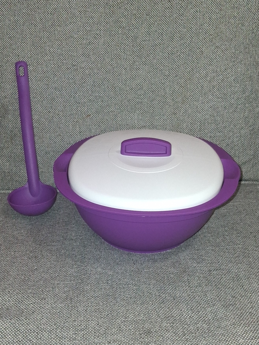 Tupperware Purple and White Mixing Bowl with Ladle and Lid